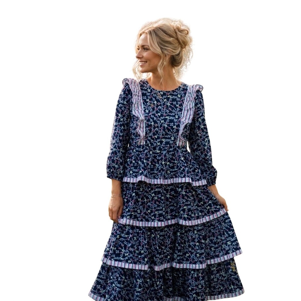 Simply Southern Blue Floral Dragonfly Tiered Maxi Dress Womens XS Cotton
